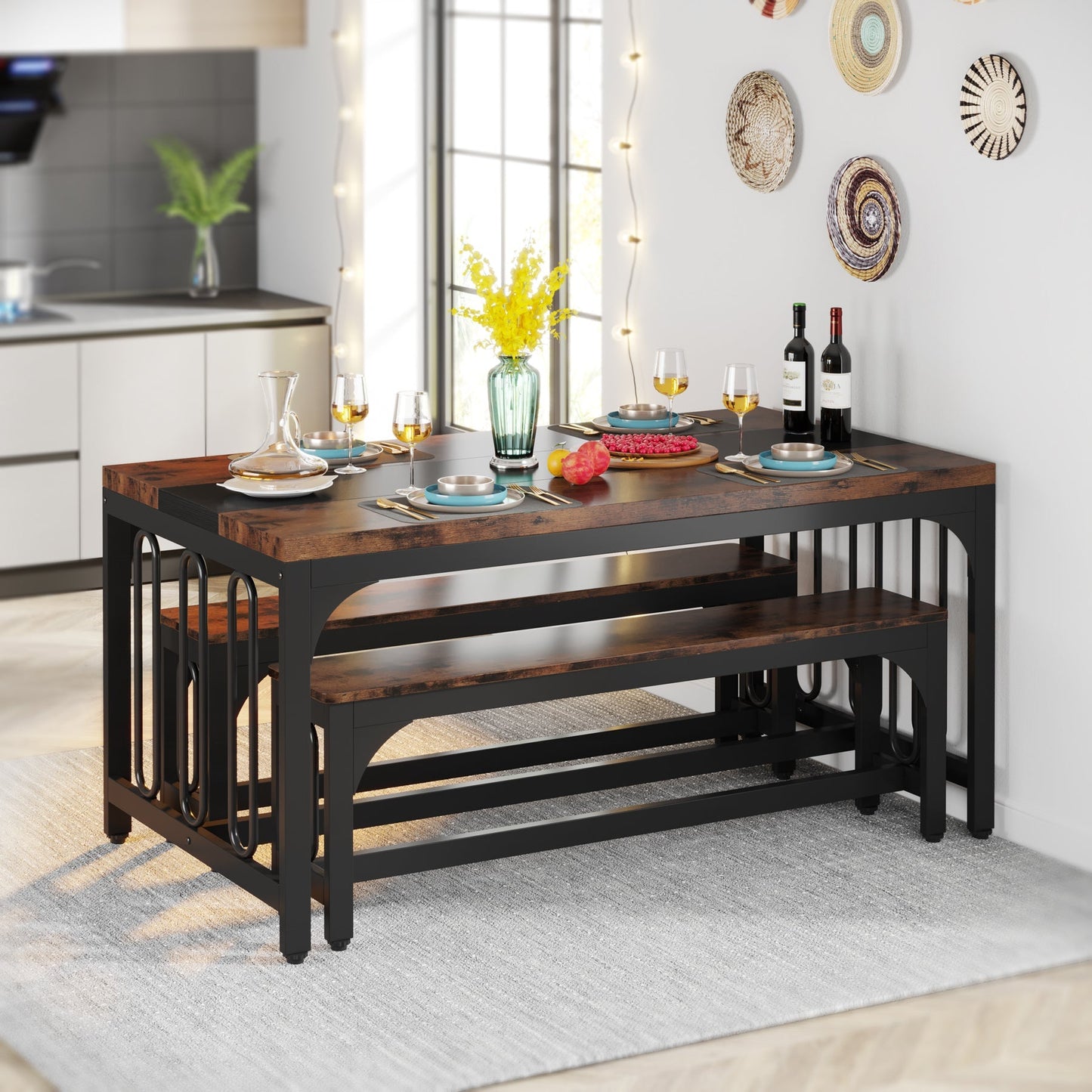 Dining Table Set, 3-Piece Kitchen Table with 2 Benches for 4-6 People Tribesigns