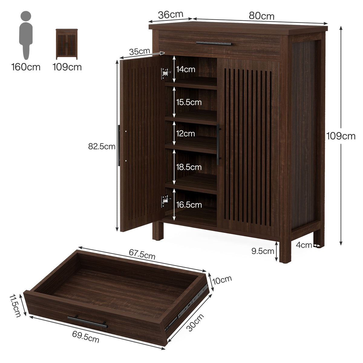 Farmhouse Shoe Cabinet with 5 Adjustable Shelves & Drawer