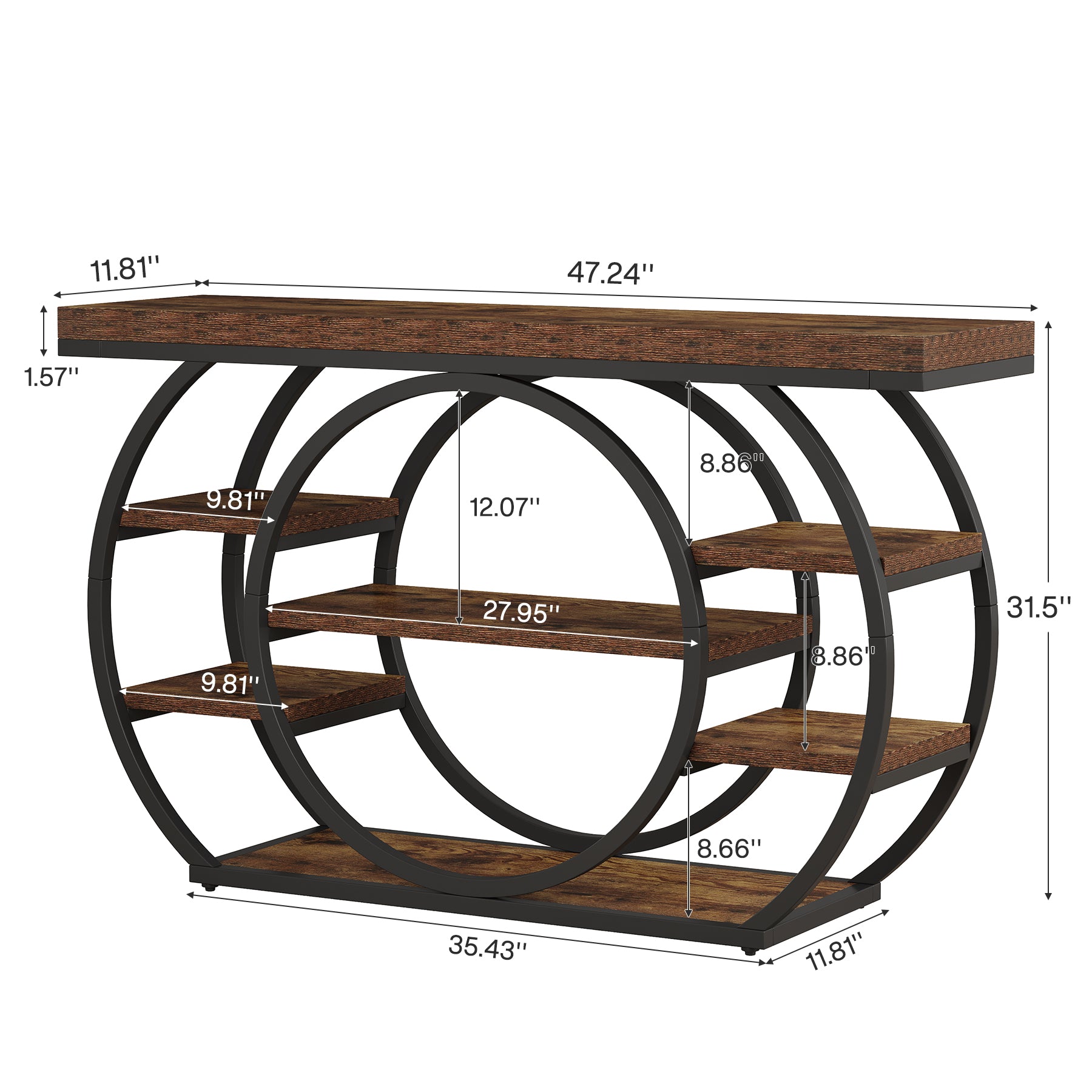 120cm Console Table, 5-Tier Industrial Entryway Table with Metal Frame, Narrow Sofa Table Behind Couch