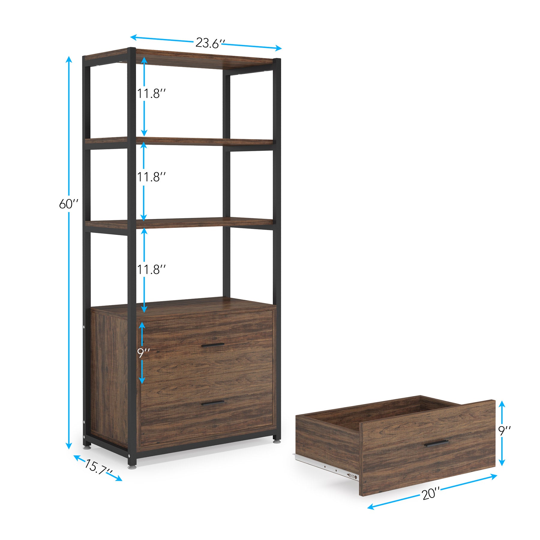 Rustic Etagere Bookshelf with Drawers, Industrial Display Bookcase for Home Office