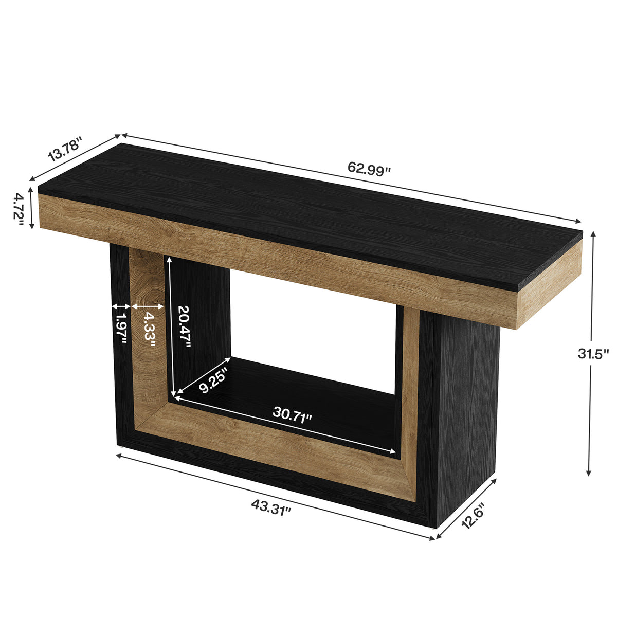 160 cm Black Console Table with 2-Tier Storage, Natural Wood Look