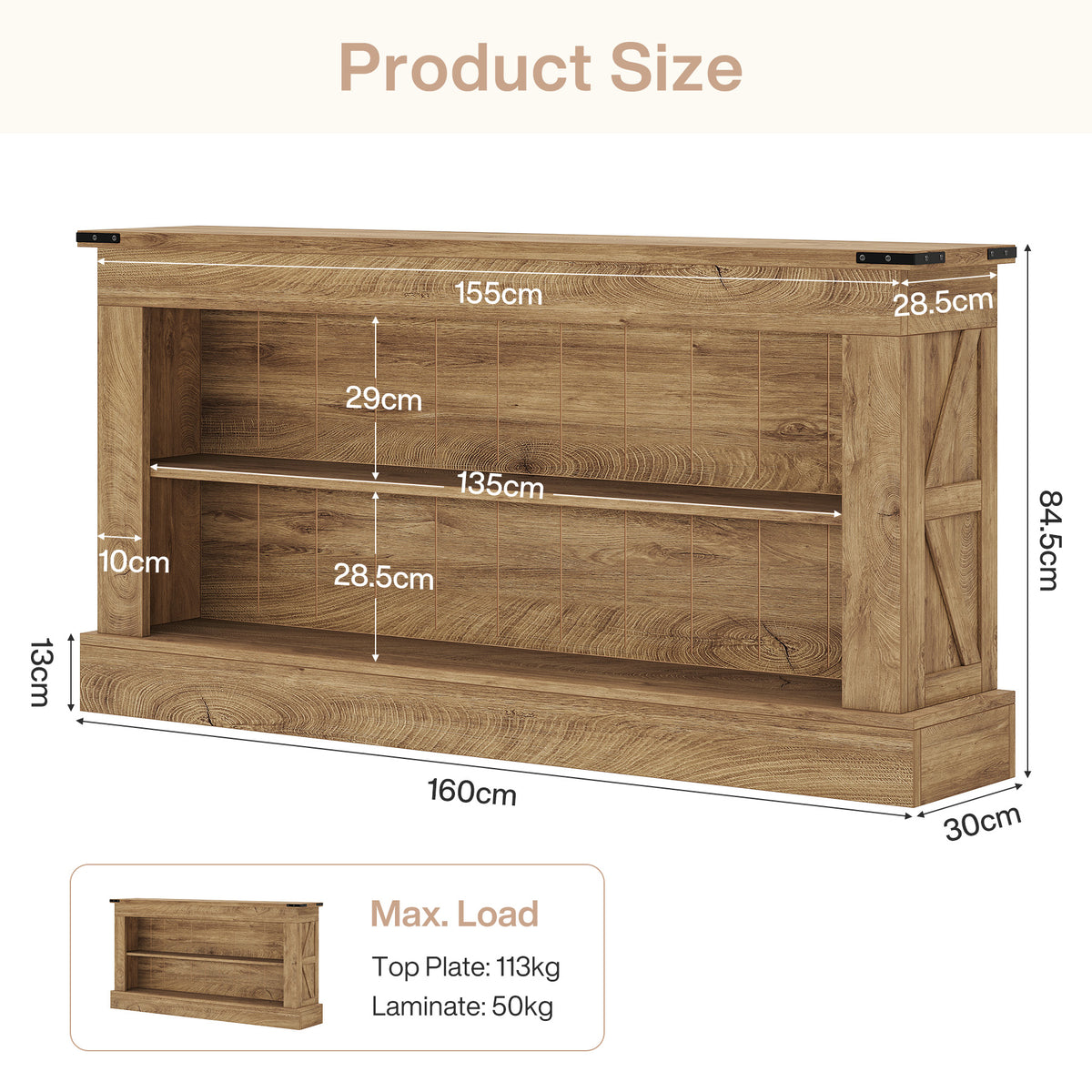 155cm Rustic Wood Console Table with 2 Shelves, Farmhouse Entryway Table