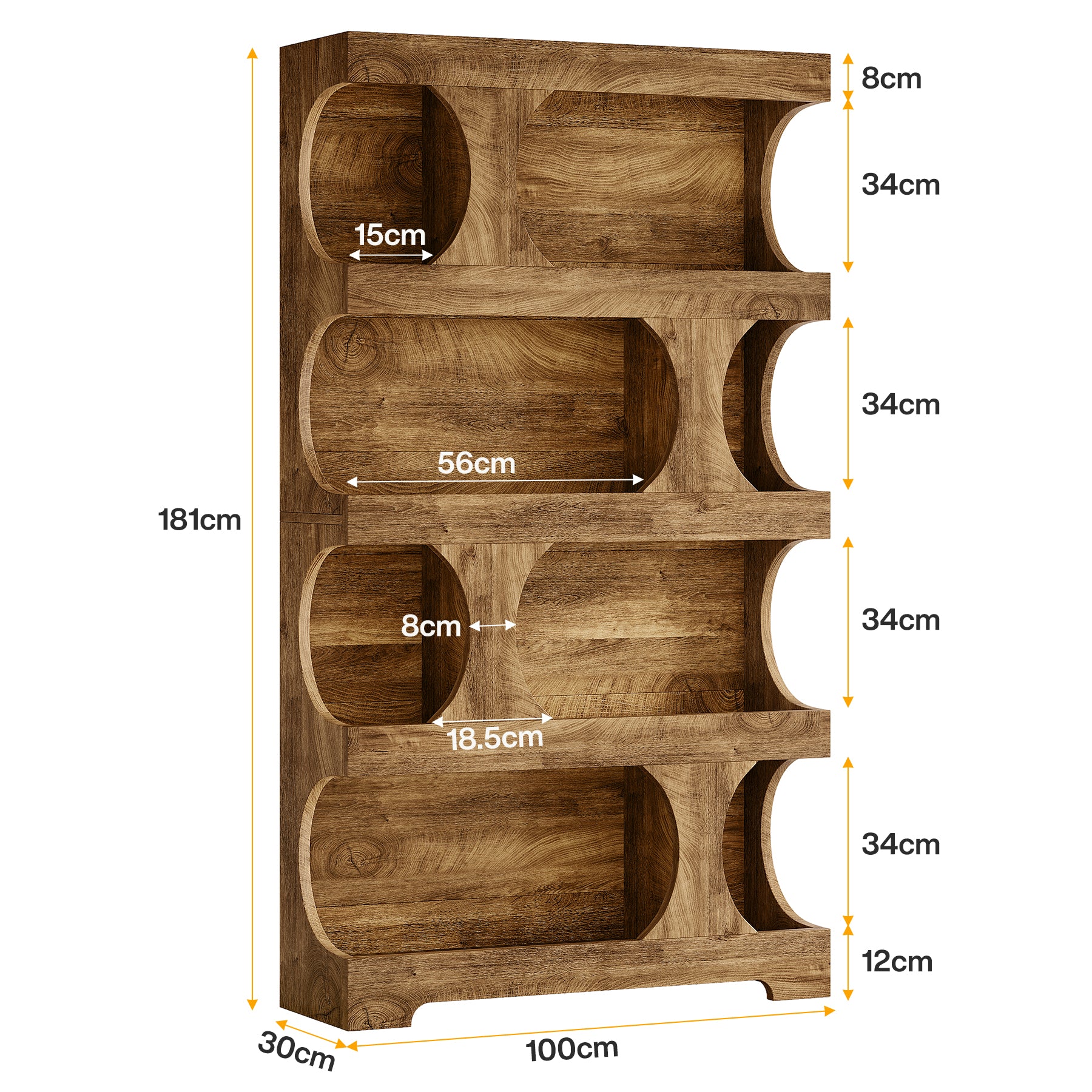 181 cm Tall Bookcase, 4-Tier Asymmetrical Bookshelf, 100 cm Wide Freestanding Display Shelf for Living Room or Home Office