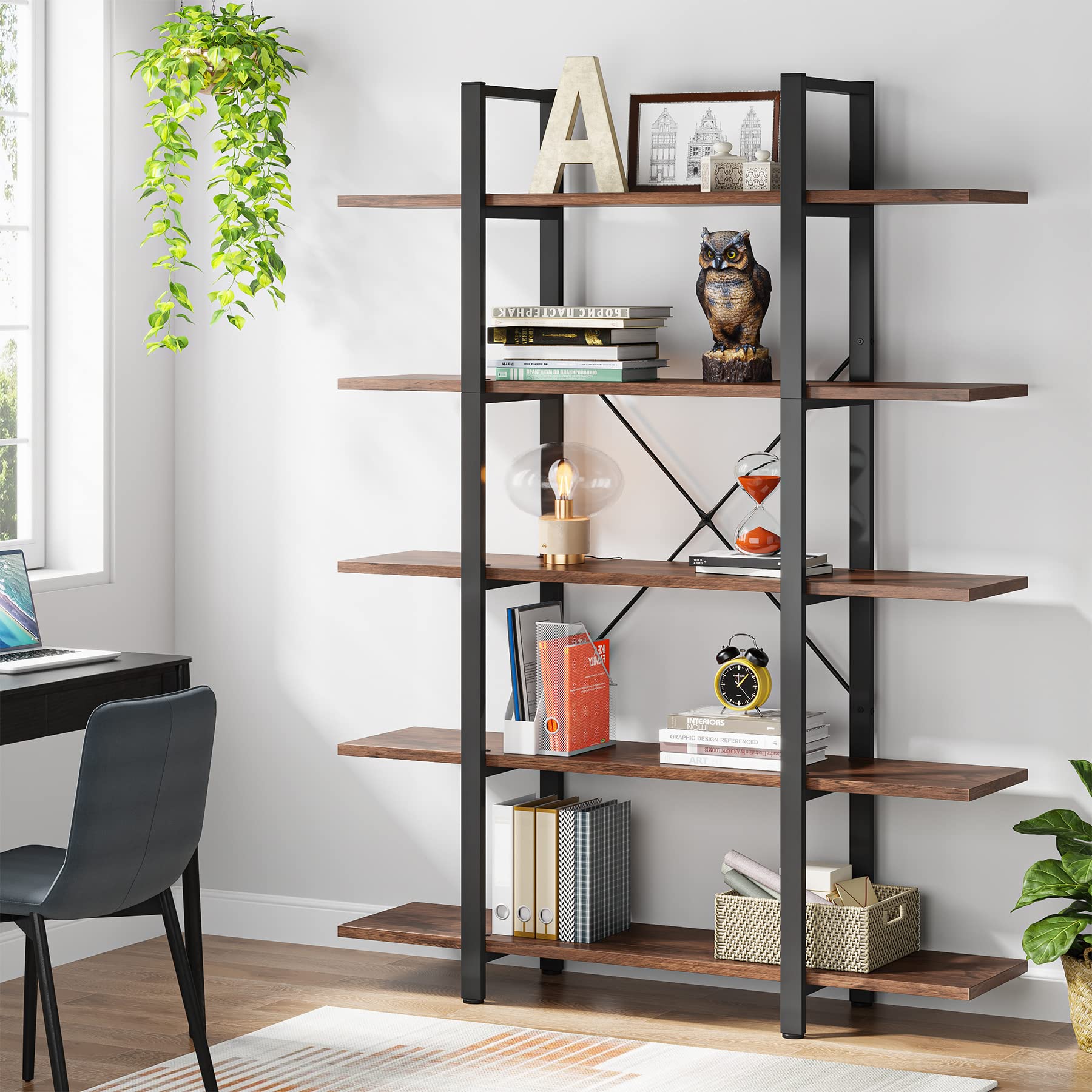 Tribesigns 5-Tier Industrial Tall Bookshelf – Large Freestanding Bookcase with Steel Frame