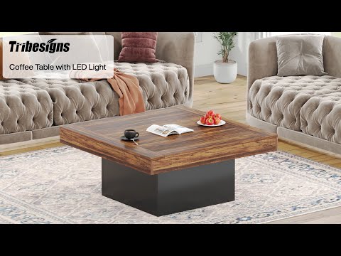 Square Coffee Table, Farmhouse Wood Cocktail Table with LED Light