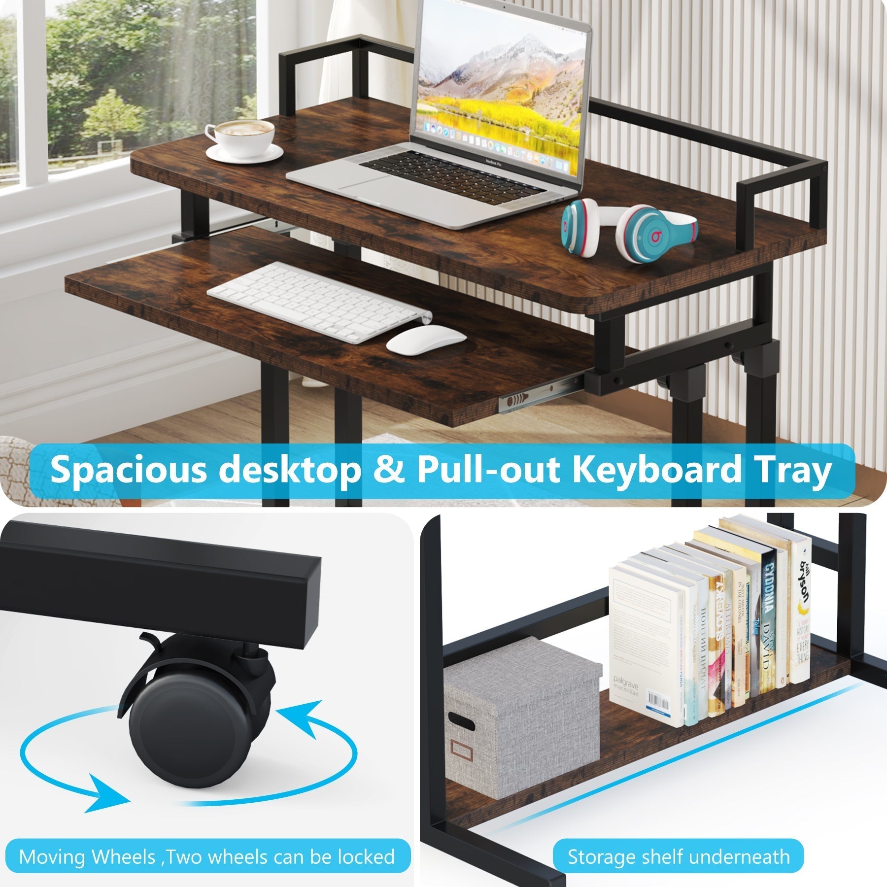 Rolling Height Adjustable Desk, Portable Standing Desk with Keyboard Tray Tribesigns