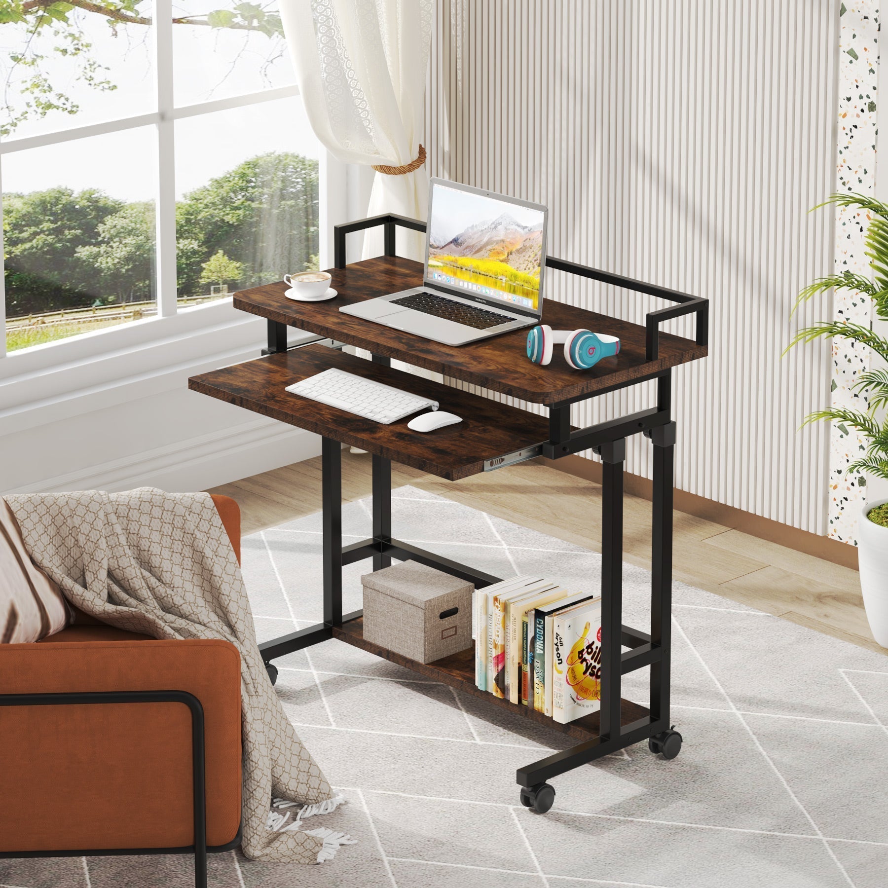 Rolling Height Adjustable Desk, Portable Standing Desk with Keyboard Tray Tribesigns