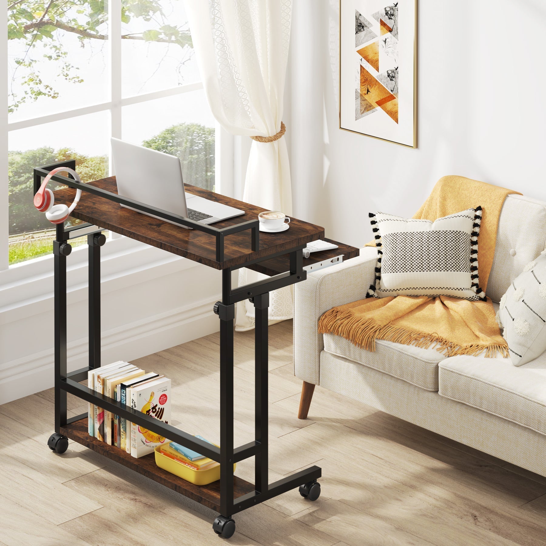 Rolling Height Adjustable Desk, Portable Standing Desk with Keyboard Tray Tribesigns