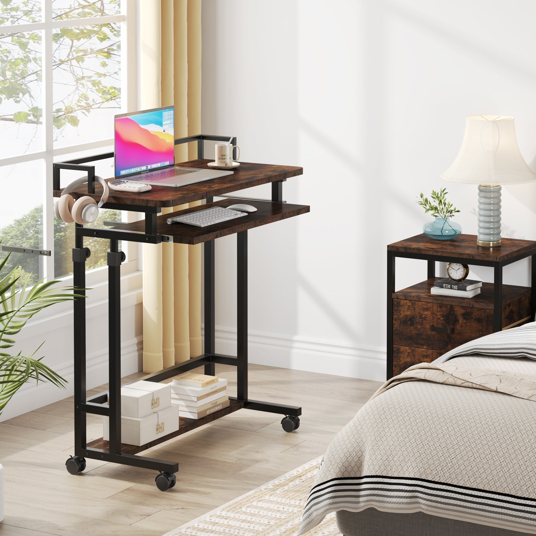 Rolling Height Adjustable Desk, Portable Standing Desk with Keyboard Tray Tribesigns
