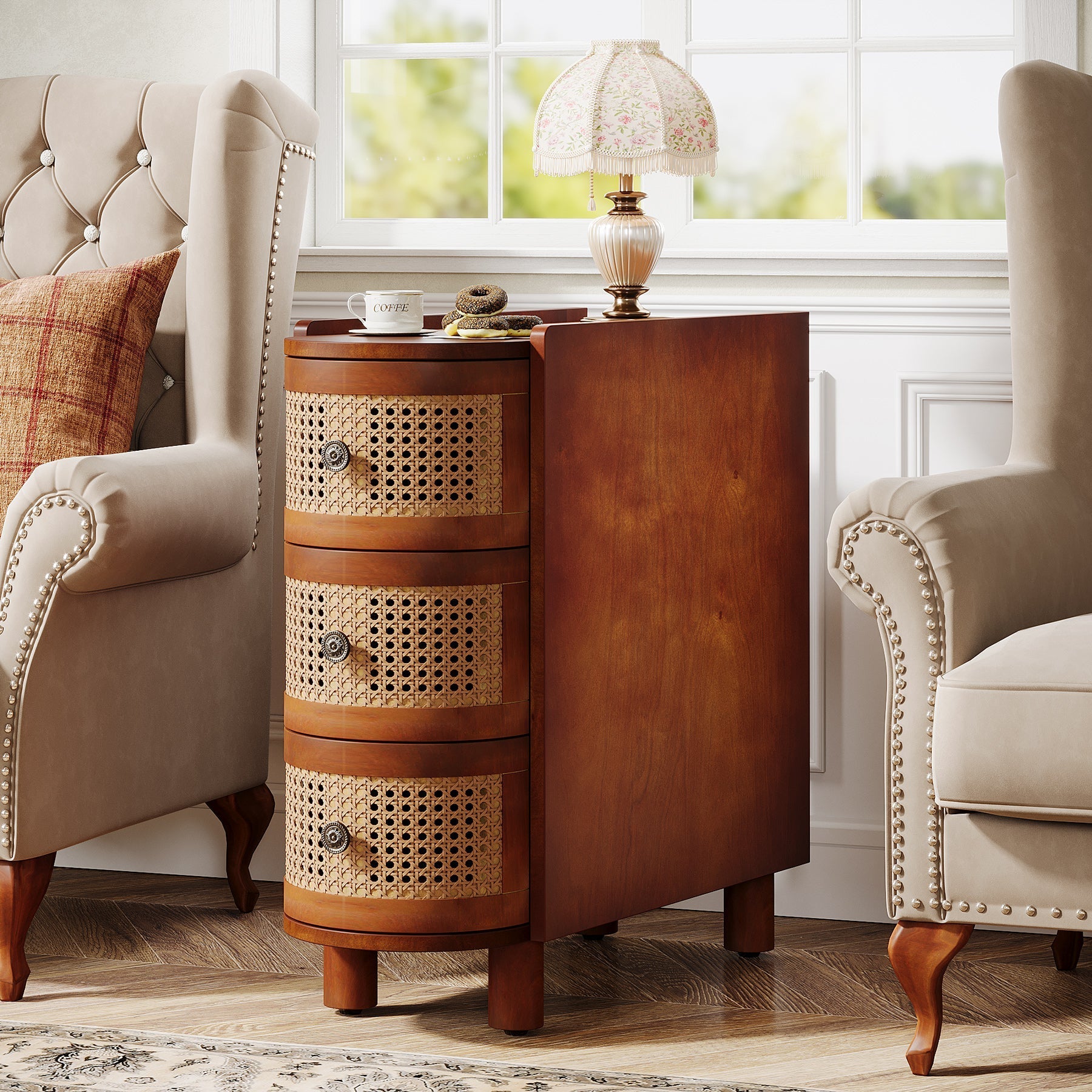 Solid Wood End Table, 3 - Drawer Side Table NightStand with 3 Rattan Drawers Tribesigns