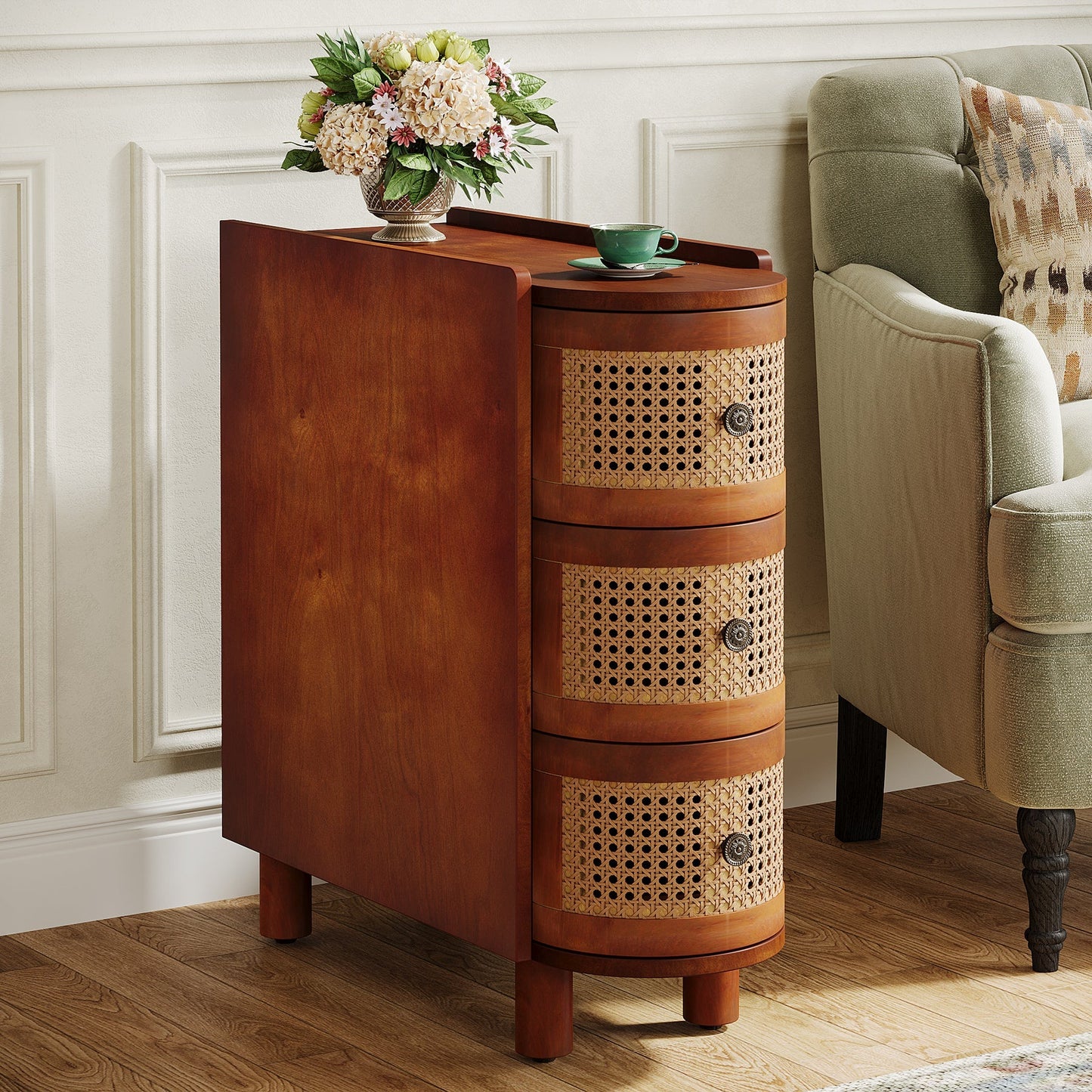 Solid Wood End Table, 3 - Drawer Side Table NightStand with 3 Rattan Drawers Tribesigns